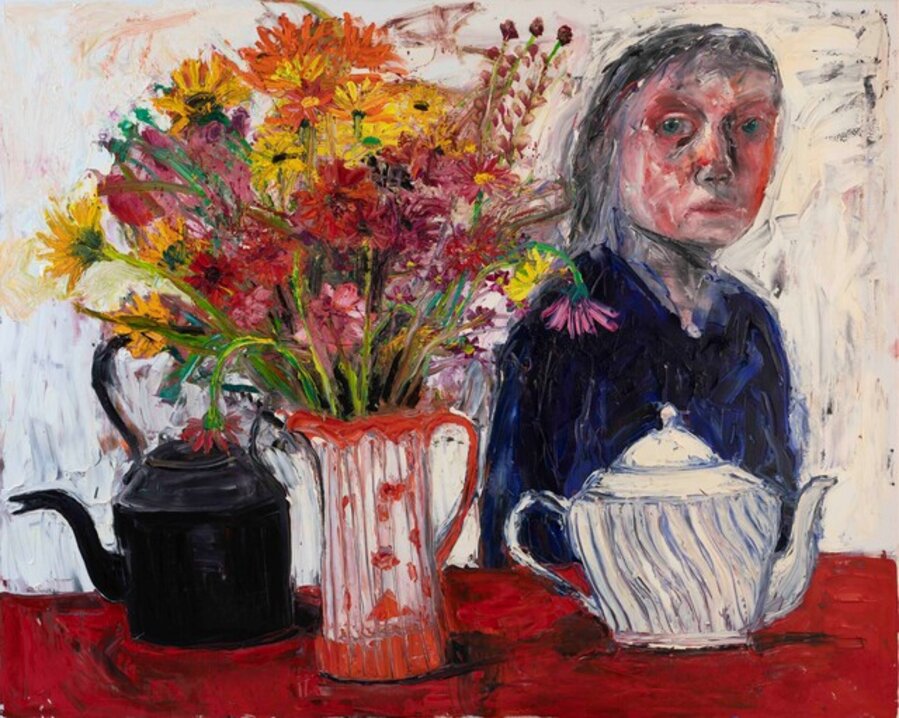Table Top with Flowers in a Japanese Jug and Welsh Kettle