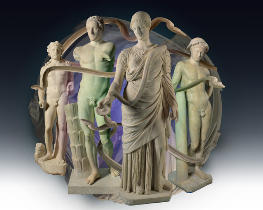 Five Sculptures with Snakes: Roman, The Landsdowne Athlete, The Hope Herakles, The Hope Hygieia, The Bateman Mercury, Jean-Antoine Houdon, Seated Voltaire; with snakes (all LACMA)