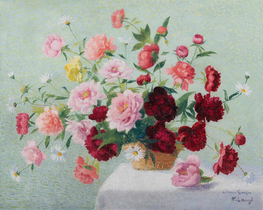 Bouquet de pivoines, roses et marguerites