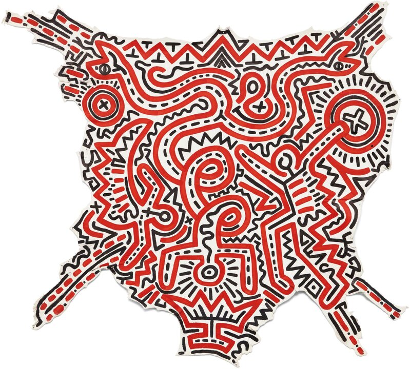 Keith Haring, ‘Untitled’, 1983, Mixed Media, Sumi ink and acrylic on found hide, Phillips