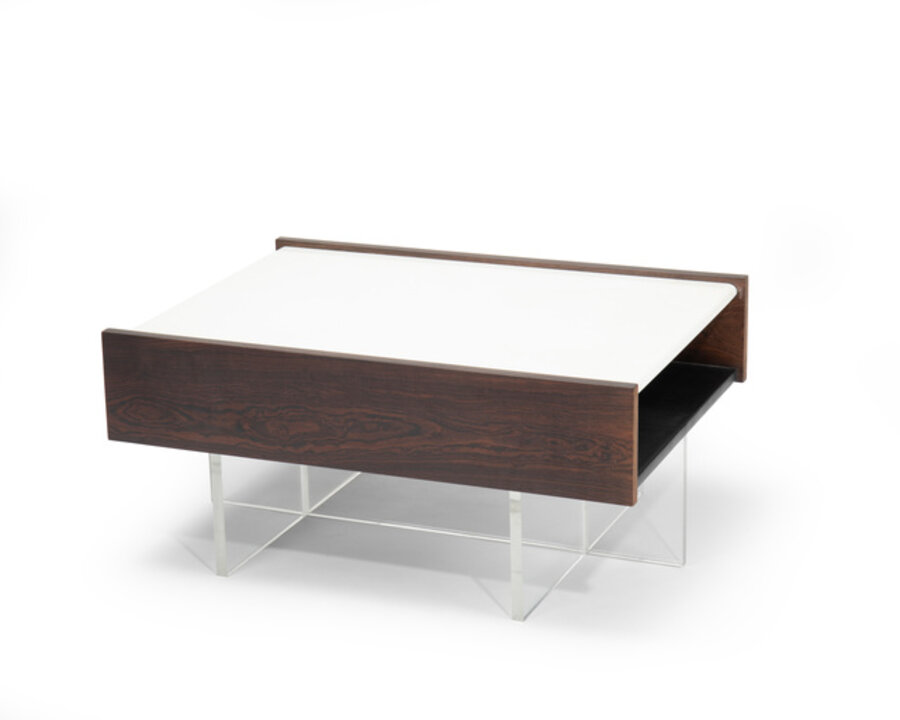 A John Scott custom designed Lucite, walnut, and white marble end table