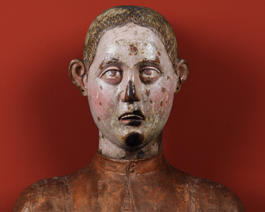 Colonial Gaze(Digital composition with, Colombia, Polychromed Head, Museum of Antioquia, Medellín; Guido Mazzoni?, Portrait of a Youth, Bode Museum, Berlin) courtesy of Luis De Jesus Los Angeles