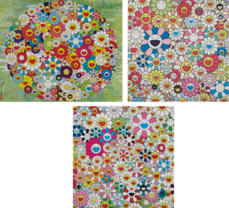 Takashi Murakami, ‘Maiden in the Yellow Straw Hat; Open your Hands Wide; and Such Cute Flowers’, 2010, Print, Three offset lithographs in colors, on smooth wove paper, the full sheets, Phillips