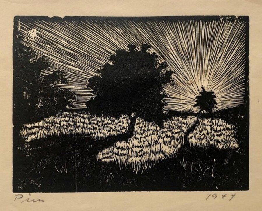 1944 Israeli German Expressionist Woodcut Print Vintage Woodblock Bezalel School