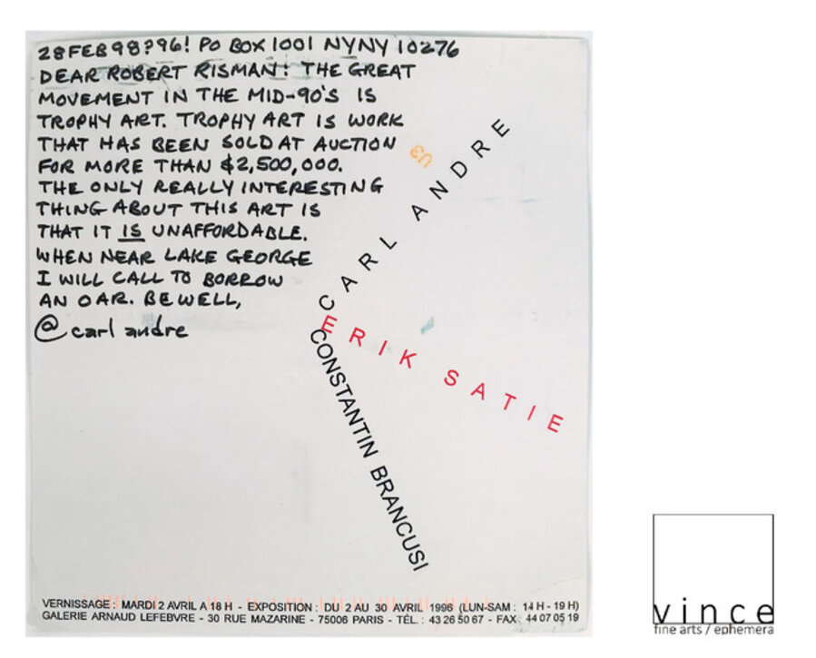 "Trophy Art" / "I'll Borrow an Oar", 1996, Signed & Annotated Exhibition Annoucement, Galerie Arnaud Lefebvre Paris.