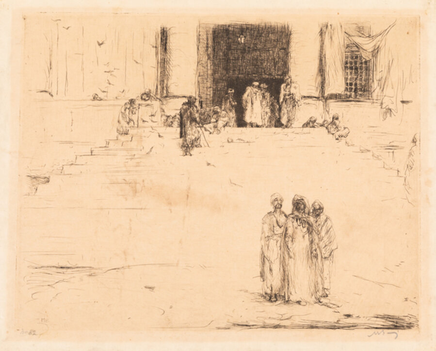 A Group of Five Works: Tent Bazaar, A Bazaar at Damascus, North Porch, Figures at Mosque Steps together with The Shrine of Edward the Confessor by Hedley Fitton
