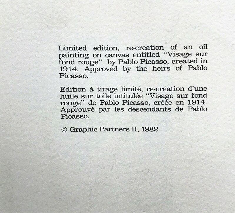 Pablo Picasso, ‘Visage sur fond Rouge, 1914 ’, 1982, Reproduction, Lithograph on Arches Paper, Cerbera Gallery