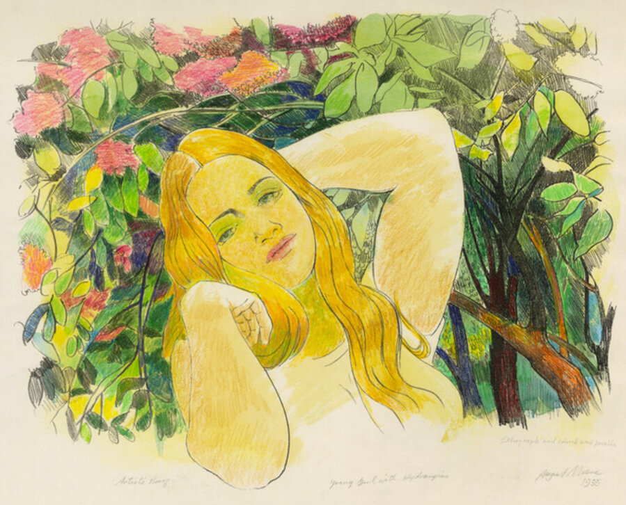 Young Girl with Hydrangeas, hand colored