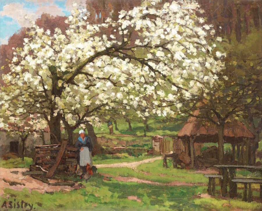 Printemps, paysanne sous les arbres en fleurs