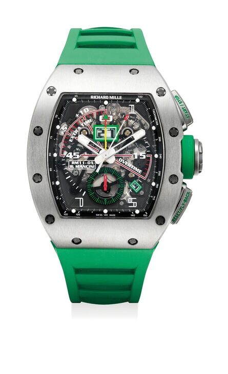 Richard Mille, ‘An exceptional and attractive skeletonized titanium fly-back chronograph wristwatch for football timing with annual calendar with date and month indications, tachymeter scale and warranty’, Circa 2014