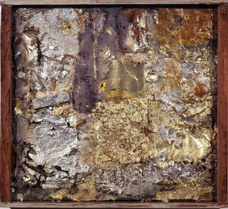 Robert Rauschenberg, ‘Untitled (Gold Painting)’, ca. 1953, Gold and silver leaf on fabric, newspaper, paint, wood, paper, glue, and nails on wood in wood-and-glass frame, Robert Rauschenberg Foundation