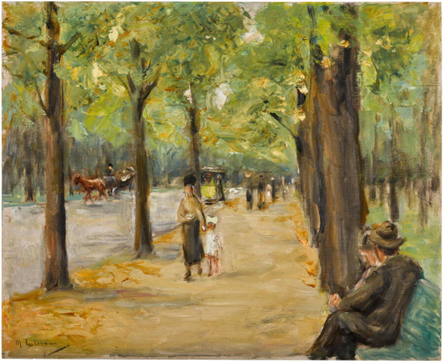 Allee im Tiergarten mit Spaziergängern und Kutsche