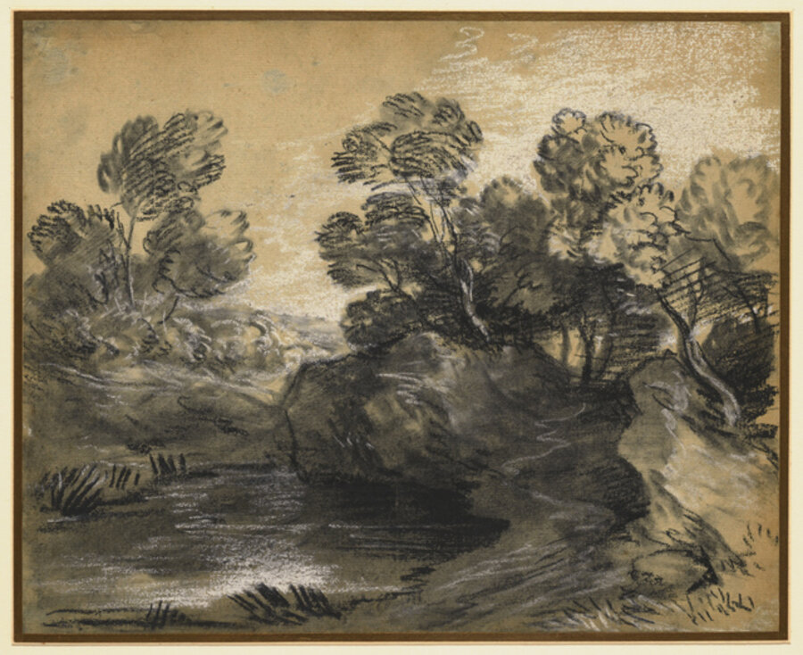 Wooded Landscape with Rocks Overhanging a Pool
