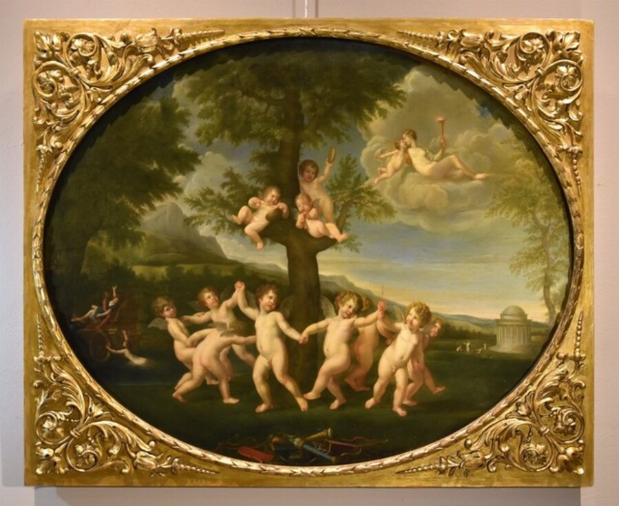 Dance Cupids Albani Paint 18/19th Century Oil on table Old master Mythologica Emilian school