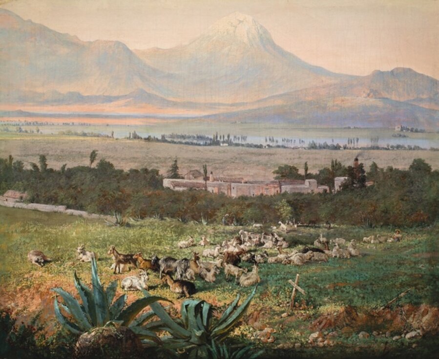 Vista del Valle de México con Hacienda y Volcán