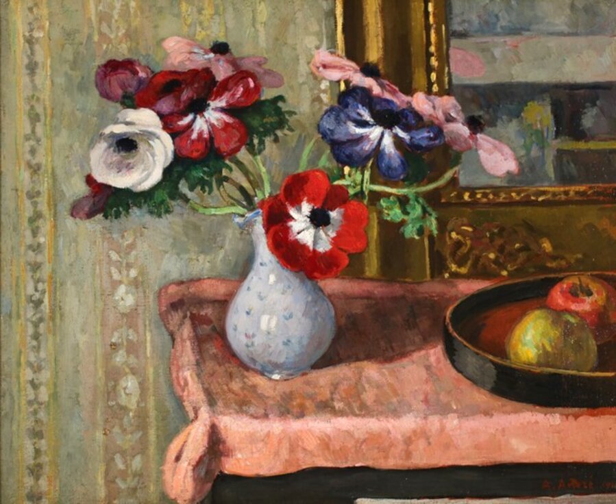 Vase de fleurs et fruits