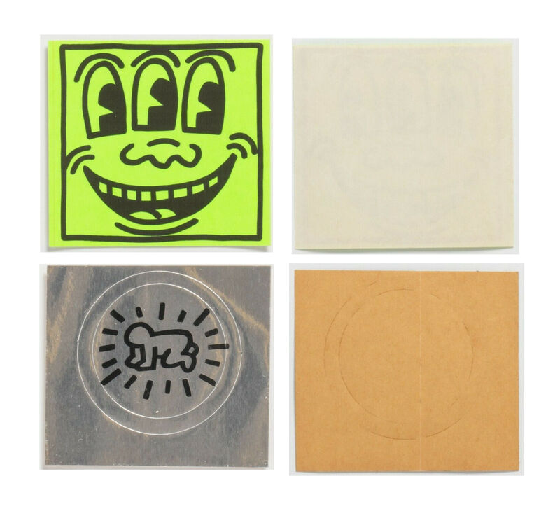 Keith Haring, ‘2 PIECE SET,  POP SHOP STICKERS-  1.) “Three Eyed Smiling”, 1980's, POP Shop Sticker (unused), 2.)"Silver Baby", 1980's, POP Shop Sticker (unused)’, 1980's, Ephemera or Merchandise, Lithograph on paper, VINCE fine arts/ephemera