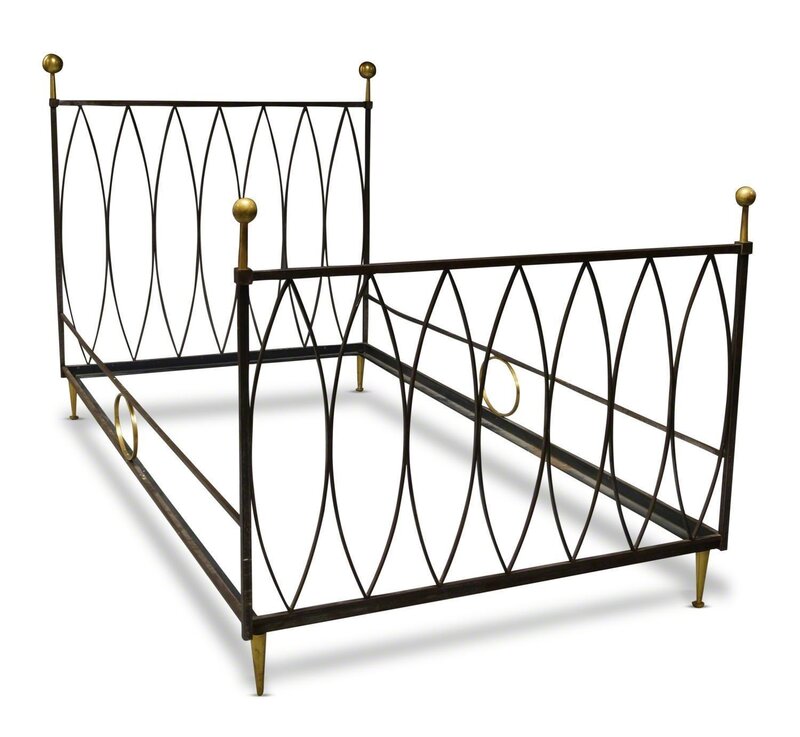 Gilbert Poillerat, ‘a wrought steel and brass single bed’, c. 1940, Design/Decorative Art, With brass finials, open wrought steel work headrest and footrest, on tapering brass feet, with blue velvet covered box spring, Roseberys
