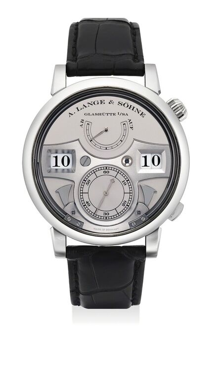 A. Lange & Söhne, ‘A rare and very fine limited edition platinum quarter and hour striking wristwatch with digital time display, power reserve and hack feature, with guarantee and presentation box, numbered 58 of 100 pieces’, Circa 2013