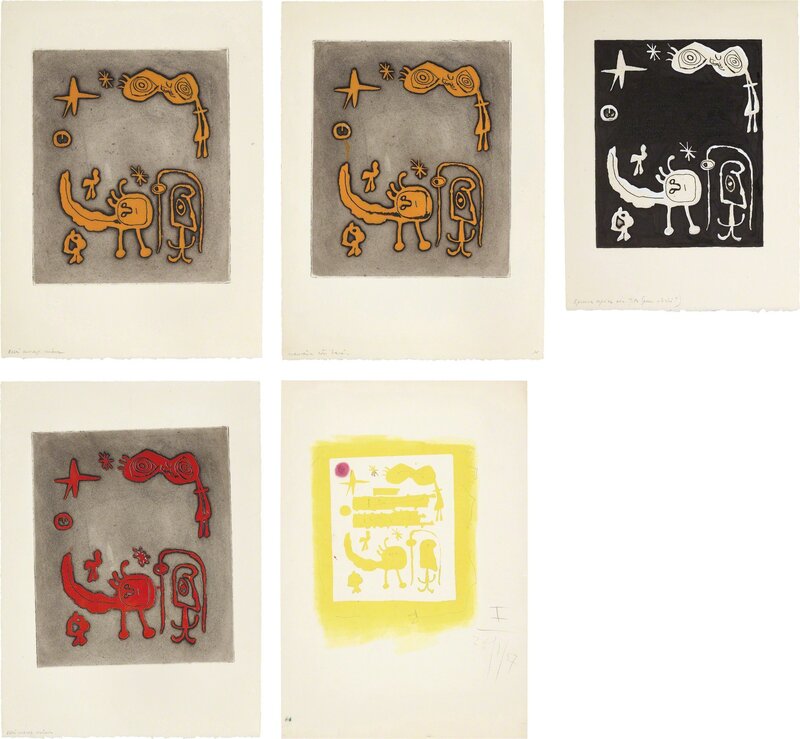 Joan Miró, ‘Ruthven Todd Album, An Alien World for Dolores Miró: five impressions’, 1947, Print, Five works, including four etching and aquatints in colors (one with hand additions in white and black gouache), and a pochoir with hand-coloring in yellow and purple, on Rives BFK and wove paper, with full margins, Phillips