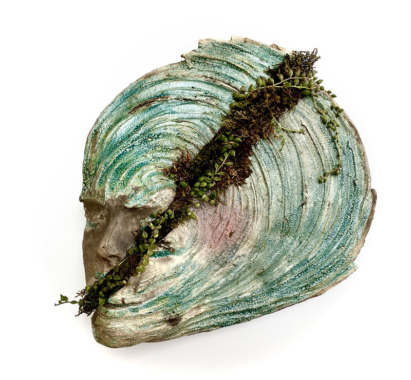 Trish Classe Gianakis, ‘Split’, 2020, Sculpture, Raku Ceramic, live moss, live pearl vine plants mounted on wood, SHIM Art Network