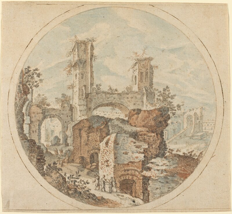 Pieter Stevens, ‘Travellers among Roman Ruins’, Drawing, Collage or other Work on Paper, Pen and brown ink with red-brown and blue wash, indented with stylus, National Gallery of Art, Washington, D.C.