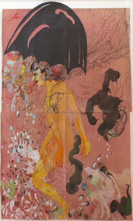 Rina Banerjee, ‘The last population unsorted and tangled, smaller and larger, darker and brighter all fell under her black umbrella, nets thrashing from her red mouth’, 2012