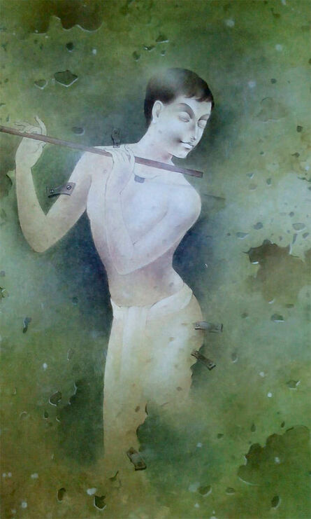 Mintu Naiya, ‘Boy Playing Flute, Mixed Media on Paper by Contemporary Artist "In Stock"’, 2010-2019