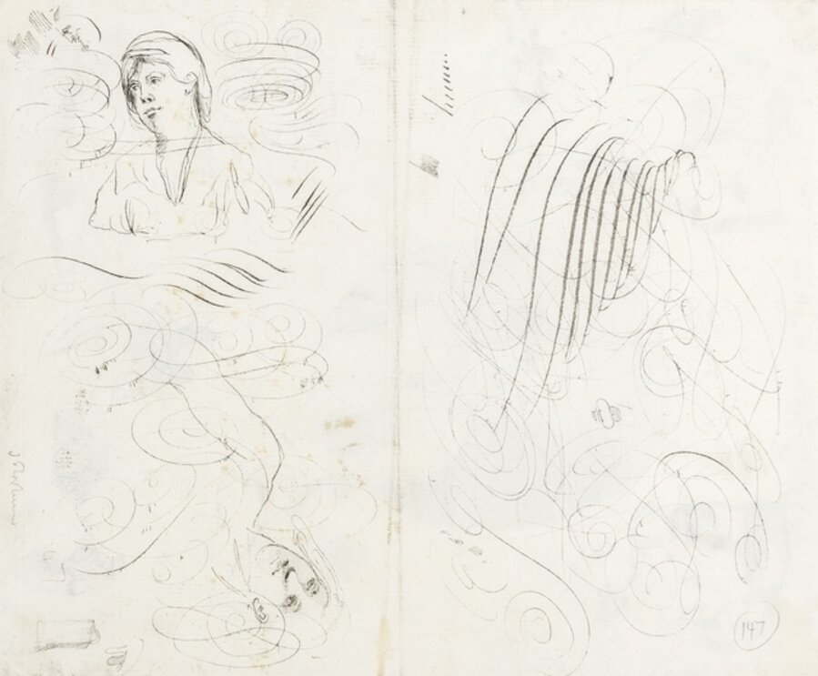 An oval half-length portrait of a gentleman, surrounded by head and figure studies (recto); calligraphic pen studies intertwined with three heads (verso)