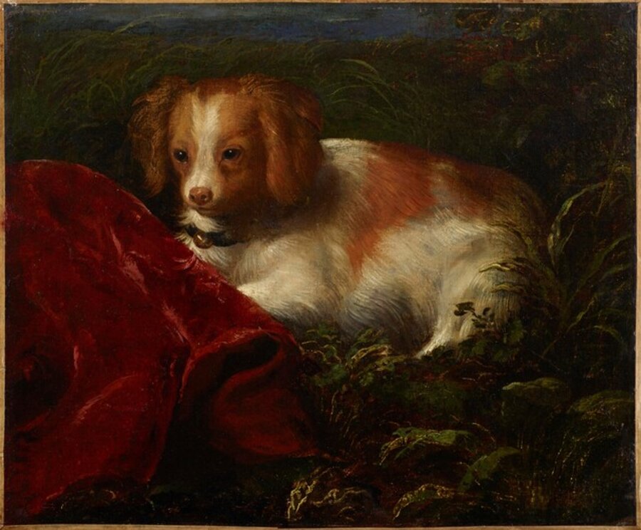 A Cavalier King Charles Spaniel seated in a landscape, mid-sixteenth century (Fragment of a larger composition)