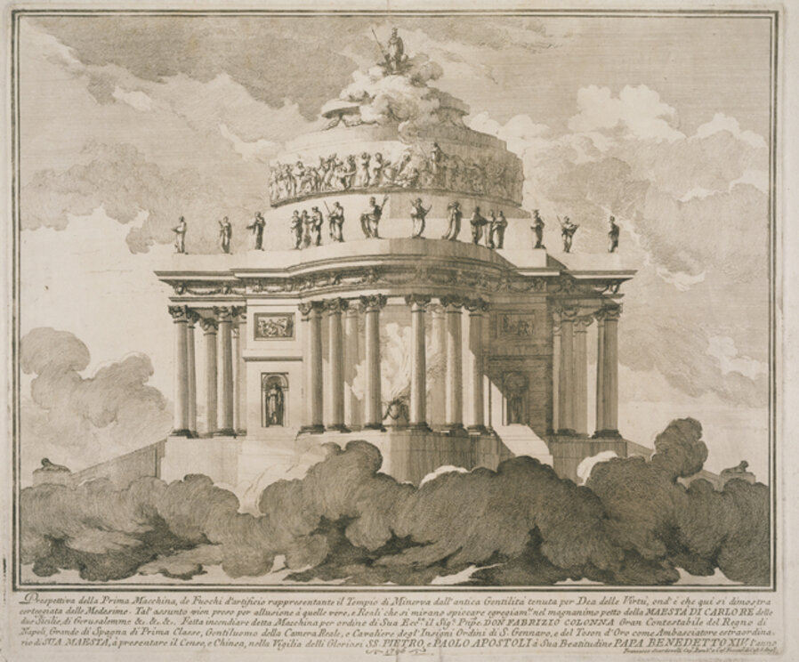 Prospettiva della prima macchina de fuochi d'artificio rappresentante il tempio di Minerva ...