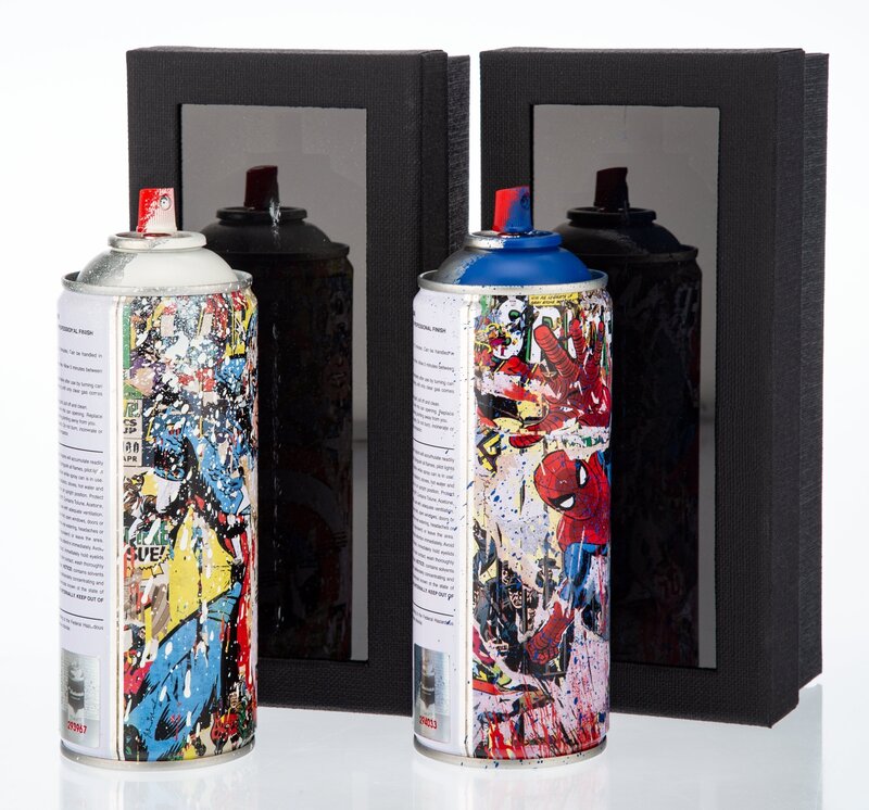 Mr. Brainwash, ‘Spider-Man (Blue) and Captain America (White) (two works)’, 2019, Ephemera or Merchandise, Offset lithographs in colors with hand-embellishments on steel cans, Heritage Auctions