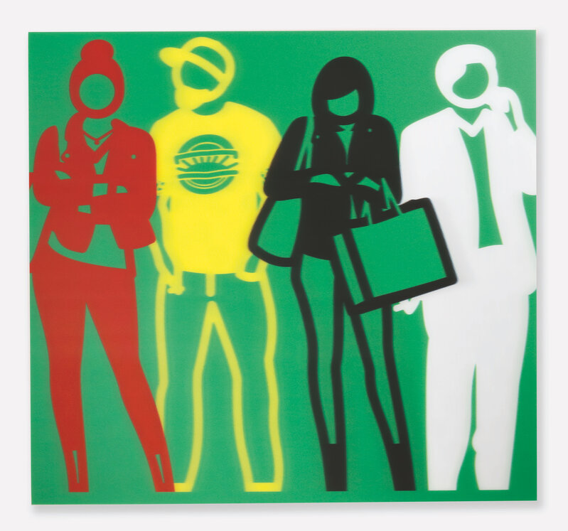 Julian Opie, ‘Standing People (Red, Yellow, Black, White)’, 2019, Other, Lenticular acrylic panels mounted onto white acrylic, Vertu Fine Art