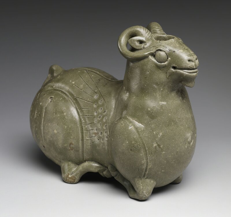 ‘Vessel in the Shape of a Crouching Ram’, ca. 4th century, Design/Decorative Art, Stoneware with celadon glaze (Yue ware), The Metropolitan Museum of Art