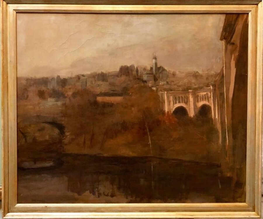 Seymour Remenick Architectural Landscape Oil Painting with Bridge