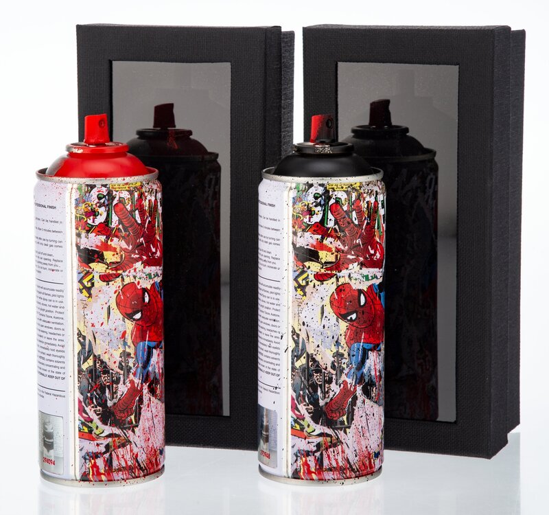 Mr. Brainwash, ‘Spider-Man (two works)’, 2019, Ephemera or Merchandise, Offset lithographs in colors with hand-embellishments on steel cans, Heritage Auctions