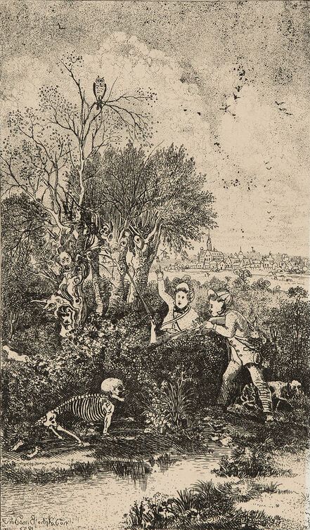 Rodolphe Bresdin, ‘Hunters Surprised by Death (Les Chasseurs Surpris par la Morte, from La Revue Fantaisiste’, 1865-1866