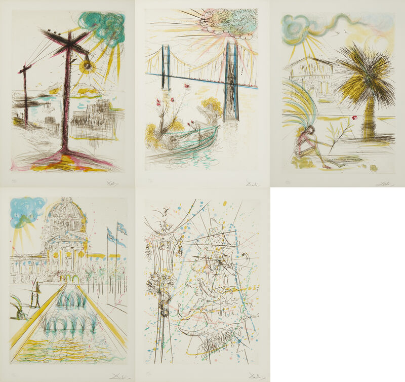 Salvador Dalí, ‘San Francisco Suite, ''Chinatown'', ''City Hall'', ''Golden Gate Bridge'', ''Mission Dolores'' and ''Telegraph Hill'' (five works)’, 1970, Print, Each: Etching and drypoint with color lithography on BFK Rives paper under glass, John Moran Auctioneers