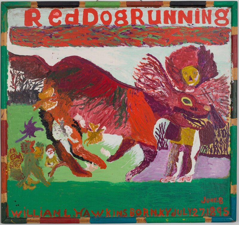 William Hawkins, ‘Red Dog Running #2’, ca. 1984, Painting, Enamel on found wood panel, ZQ Art Gallery