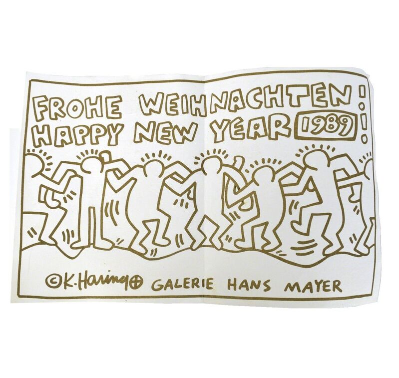 Keith Haring, ‘“FROHE WEIHNACHTEN! HAPPY NEW YEAR 1989”, Invitation / Poster, Galerie Hans Mayer, Screenprint in Gold Ink’, 1989, Ephemera or Merchandise, Screenprint on on parchment type paper ., VINCE fine arts/ephemera