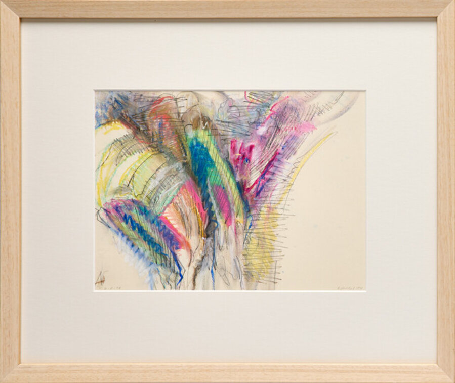 Abstract Oil Pastel on Canvas by Paul Reed with Vivid Hues of Blues Greens, Pinks, Yellows and Purples