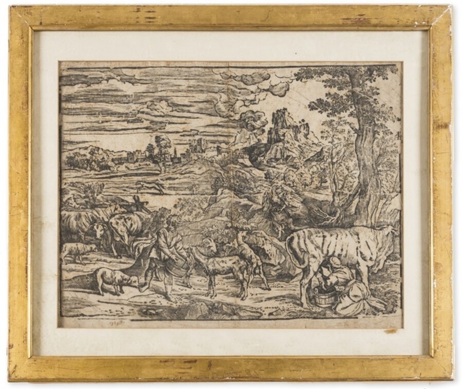 Landscape with a milkmaid at right and a boy at left, after Titian