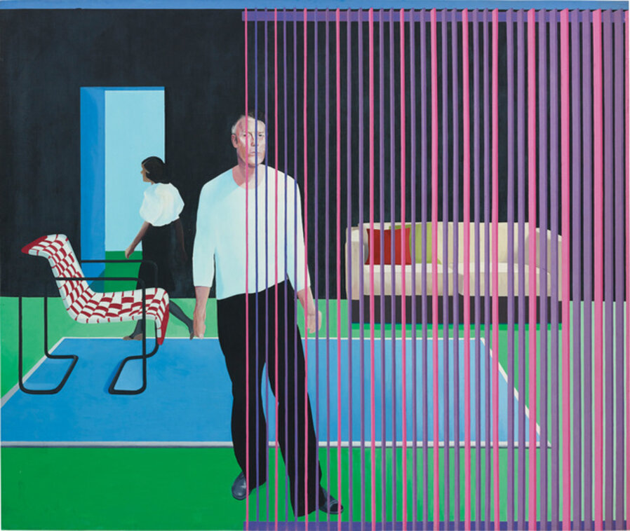 Two Figures Vertical Blind Red Chair and Green Floor