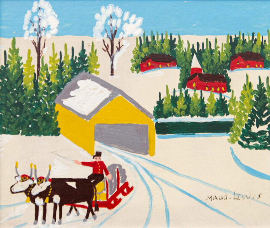 Covered Bridge with Oxen Hauling Logs - colourful, folk art, oil on board