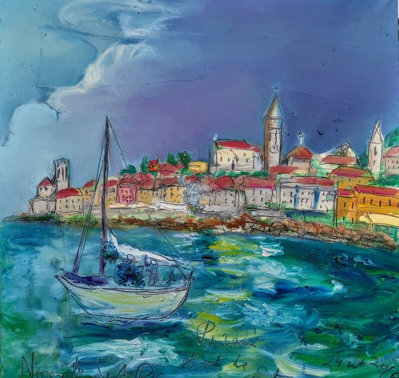 Norma de Saint Picman, ‘Water series summer 2019 - plein air in situ paintings, Piran, stormy sky’, 2019, Painting, Oil and acrylic, grapgic paper collage on canvas, Noravision Gallery