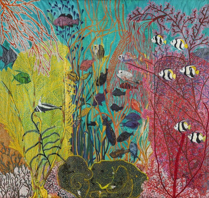 Pacita Abad, ‘Shallow gardens of Apo Reef’, 1986, Painting, Oil, acrylic, mirrors, plastic buttons, cotton yarn, rhinestones on stitched and padded canvas, Pacita Abad Art Estate