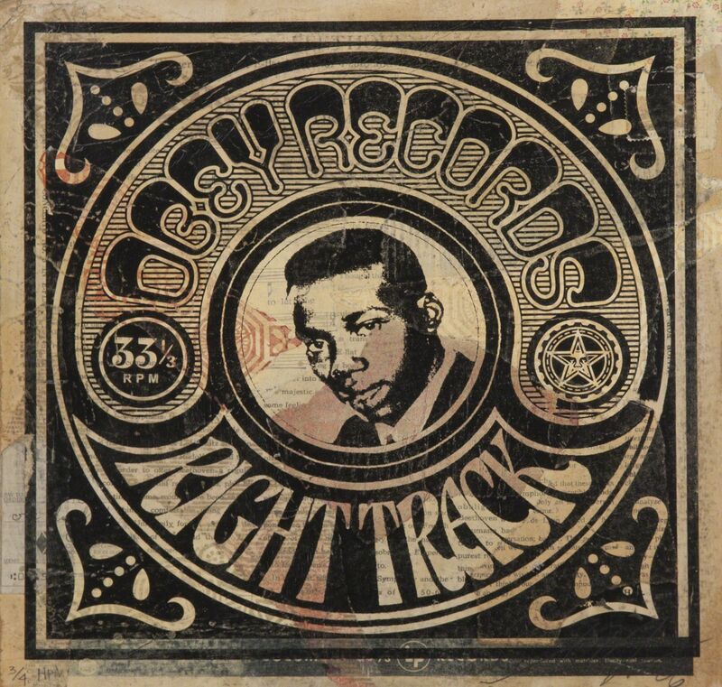 Shepard Fairey, ‘Obey Records Right Track’, 2006, Mixed Media, HPM on verso of Columbia Records "Beethoven: Concerto No. 5" record sleeve, Julien's Auctions