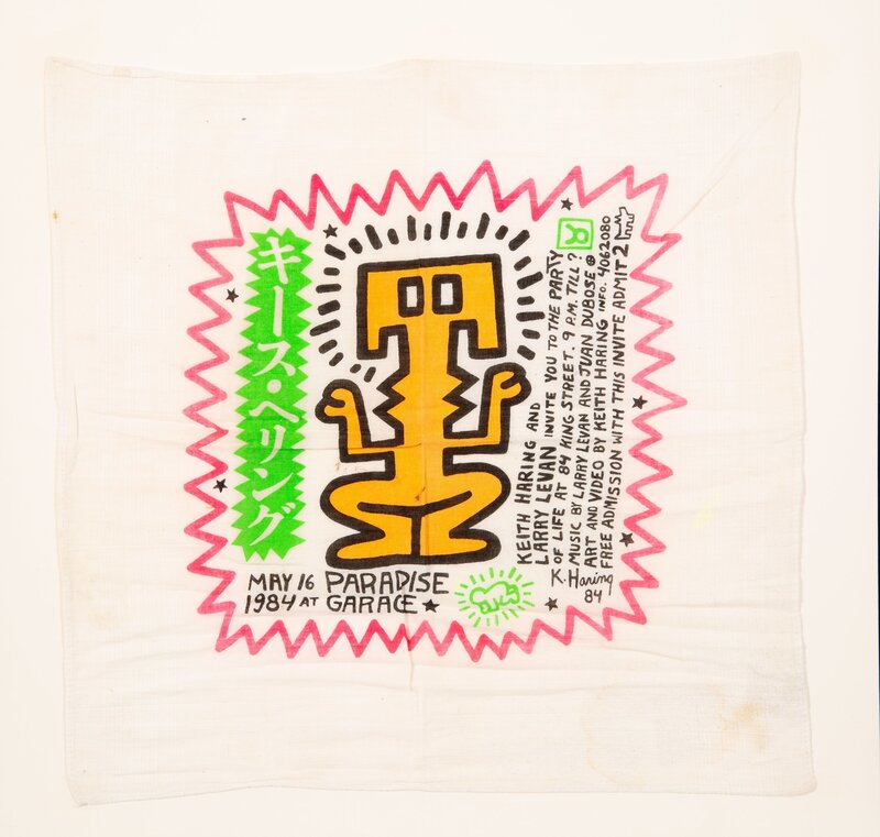 Keith Haring, ‘Paradise Garage Birthday Invitation’, 1984, Print, Screenprint in colors on handkercheif cloth, Heritage Auctions