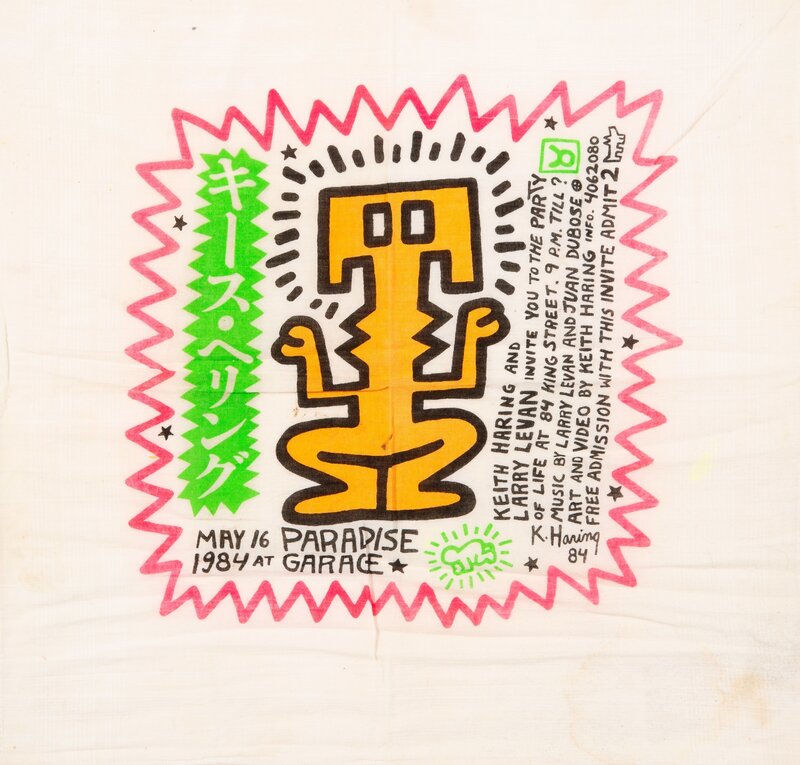 Keith Haring, ‘Paradise Garage Birthday Invitation’, 1984, Print, Screenprint in colors on handkercheif cloth, Heritage Auctions