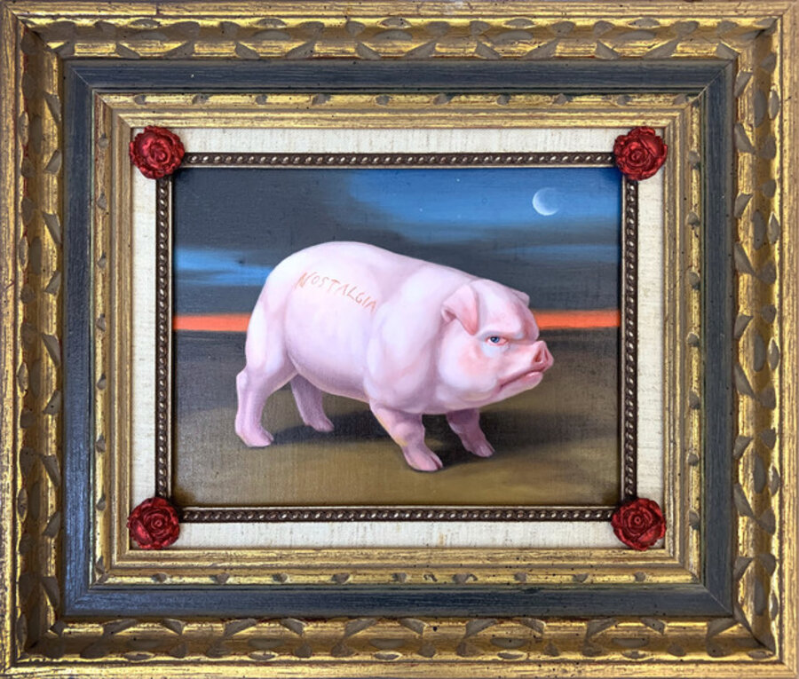 A Red-Faced Hog Stands Guard in his Agri-Industrial Wasteland, Framed by Four American Beauty Roses (Nostalgia and Moonlight)